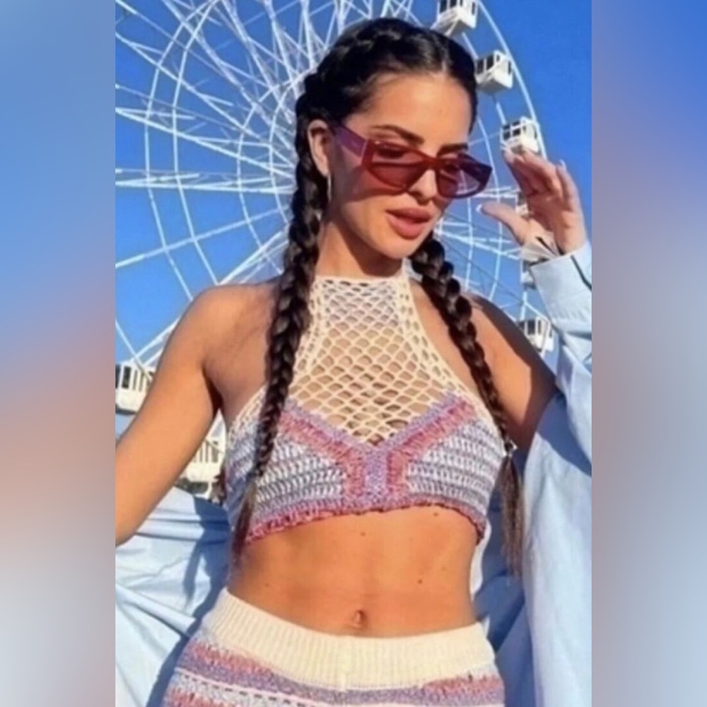 ZARA|Boho crotchet two piece bikini set in floral neutral tan & colorful top,NWT - Picture 3 of 16